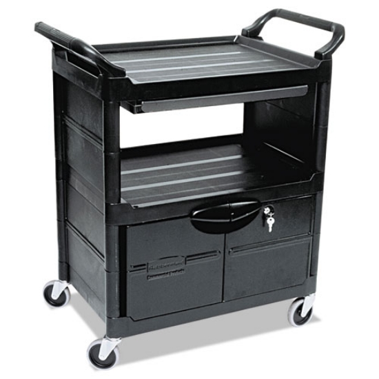 Picture of Utility Cart with Locking Doors, Plastic, 3 Shelves, 200 lb Capacity, 33.63" x 18.63" x 37.75", Black