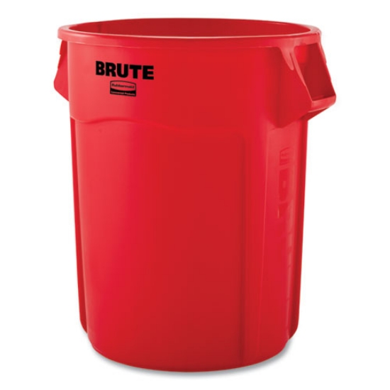 Picture of Vented Round Brute Container, 55 gal, Plastic, Red, 3/Carton