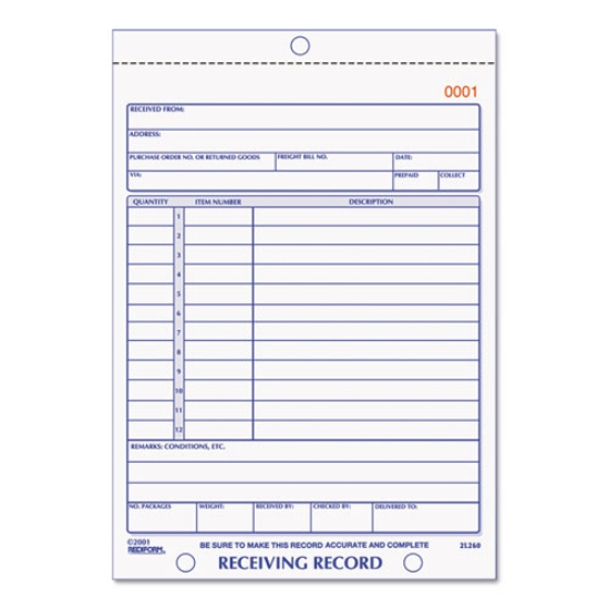 Picture of Receiving Record Book, Three-Part Carbonless, 5.56 x 7.94, 50 Forms Total
