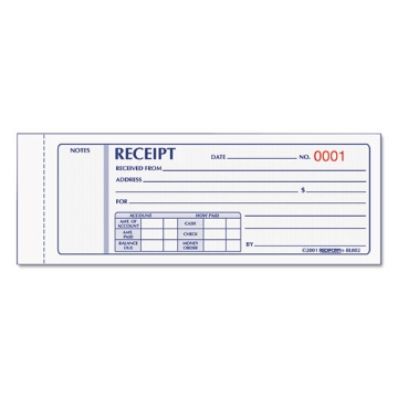 Picture of Receipt Book, Three-Part Carbonless, 7 x 2.75, 4 Forms/Sheet, 50 Forms Total
