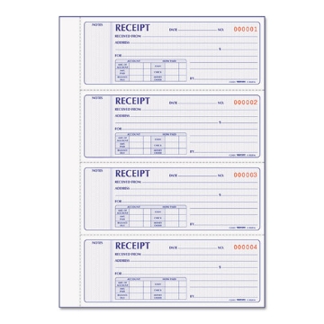 Picture of Receipt Book, Two-Part Carbonless, 7 x 2.75, 4 Forms/Sheet, 400 Forms Total