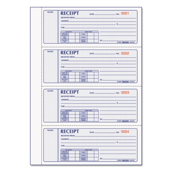 Picture of Money Receipt Book, Hardcover, Three-Part Carbonless, 7 x 2.75, 4 Forms/Sheet, 200 Forms Total