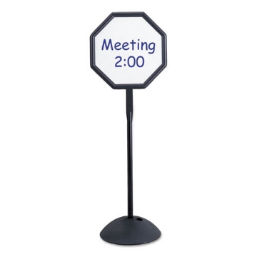 Picture of WriteWay Double-Sided Magnetic Dry Erase Standing Message Sign, Octagon, 65" Tall Black Stand, 18 x 18 White Face