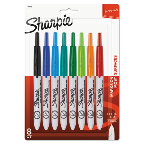Picture of Retractable Permanent Marker, Extra-Fine Needle Tip, Assorted Colors, 8/set