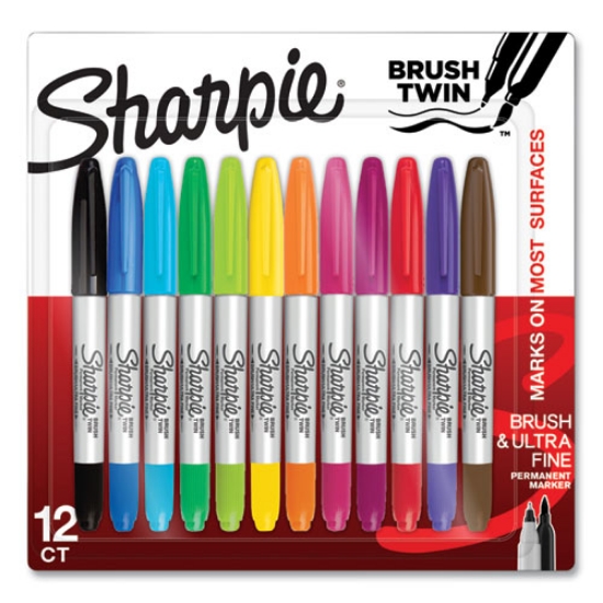 Picture of Brush Tip Permanent Marker, Twin Tip, Ultra-Fine Needle/Broad Brush Tips, Assorted Colors, 12/Pack