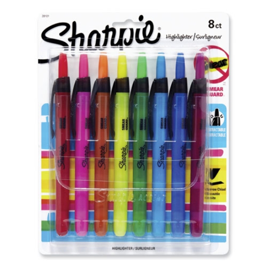 Picture of Retractable Highlighters With Storage Pouch, Assorted Ink Colors, Chisel Tip, Assorted Barrel Colors, 8/set