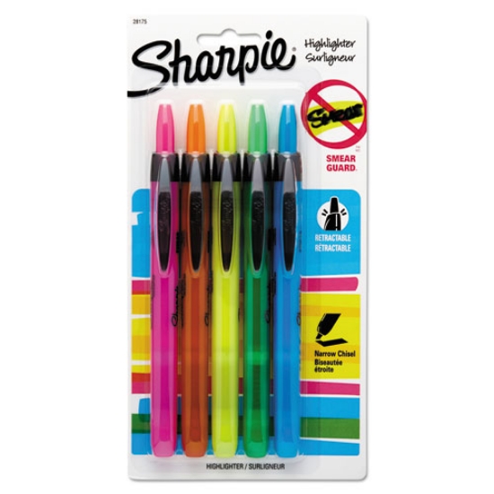 Picture of Retractable Highlighters, Assorted Ink Colors, Chisel Tip, Assorted Barrel Colors, 5/set