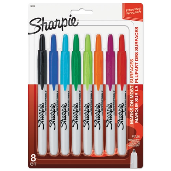 Picture of Retractable Permanent Marker, Fine Bullet Tip, Assorted Colors, 8/set