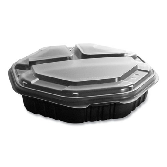 Picture of OctaView Hinged-Lid Hot Food Containers, 3-Compartment, 38 oz, 9.55 x 9.1 x 2.4, Black/Clear, Plastic, 100/Carton