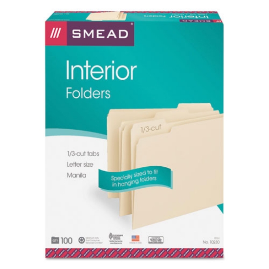 Picture of Interior File Folders, 1/3-Cut Tabs: Assorted, Letter Size, 0.75" Expansion, Manila, 100/Box