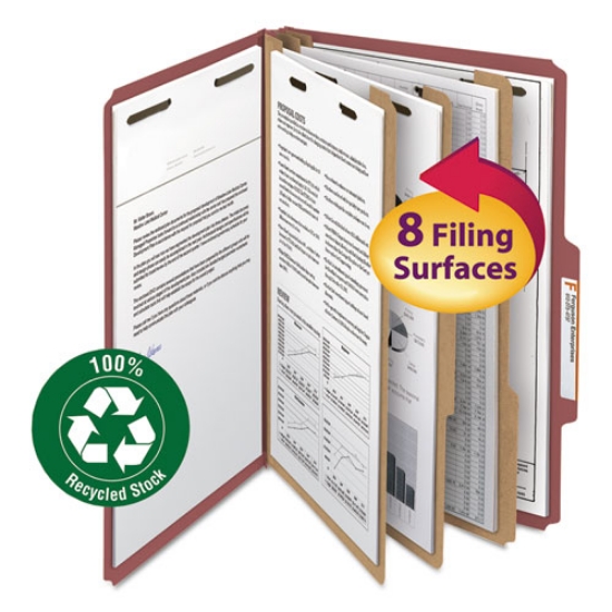 Picture of Recycled Pressboard Classification Folders, 3" Expansion, 3 Dividers, 8 Fasteners, Legal Size, Red Exterior, 10/Box