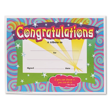 Picture of Congratulations Colorful Classic Certificates, 11 X 8.5, Horizontal Orientation, Assorted Colors With White Border, 30/pack