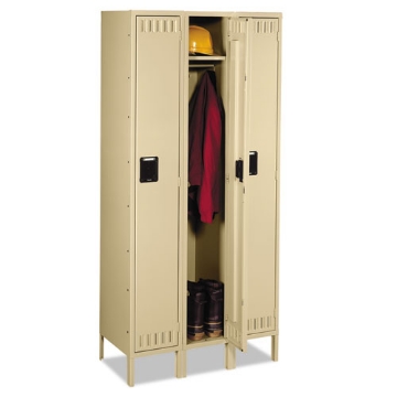 Picture of single-tier locker with legs, three lockers with hat shelves and coat rods, 36w x 18d x 78h, sand