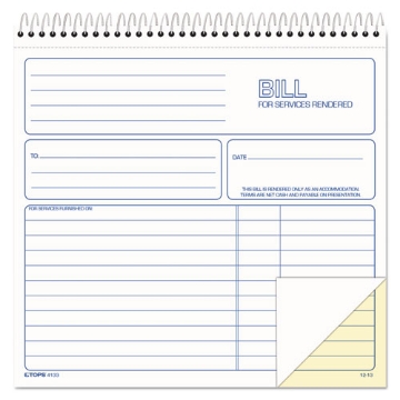 Picture of bill for services rendered book, two-part carbonless, 8.5 x 7.75, 50 forms total