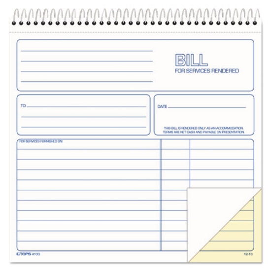 Picture of bill for services rendered book, two-part carbonless, 8.5 x 7.75, 50 forms total