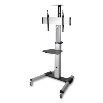 Picture of Flat Panel Floor Stand, Tilt Range: -12 to +5, Metal, 1 Shelf, 110 lb Capacity, 32.6" x 27.6" x 81.5", Silver/Black