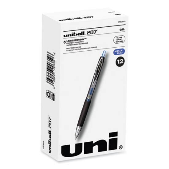 Picture of 207 Signo Gel Ultra Micro Gel Pen, Retractable, Extra-Fine 0.38 mm, Blue Ink, Clear/Black Barrel
