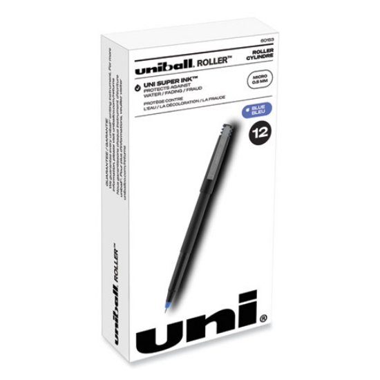 Picture of Roller Ball Pen, Stick, Extra-Fine 0.5 mm, Blue Ink, Black/Blue Barrel, Dozen