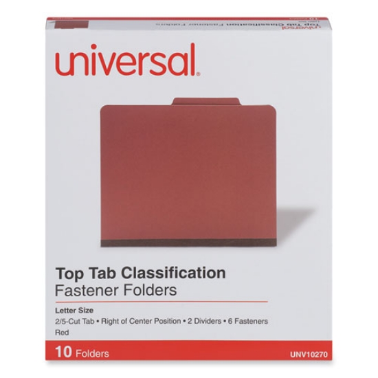 Picture of Six-Section Pressboard Classification Folders, 2" Expansion, 2 Dividers, 6 Fasteners, Letter Size, Red Exterior, 10/Box