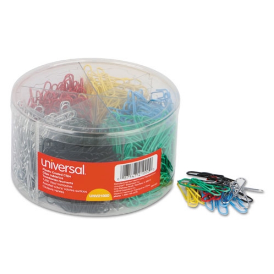 Picture of Plastic-Coated Paper Clips with Six-Compartment Dispenser Tub, #3, Assorted Colors, 1,000/Pack