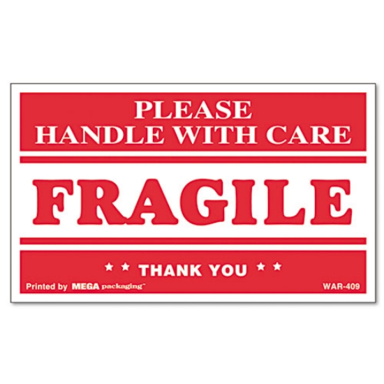 Picture of Printed Message Self-Adhesive Shipping Labels, Fragile Handle With Care, 3 X 5, Red/clear, 500/roll