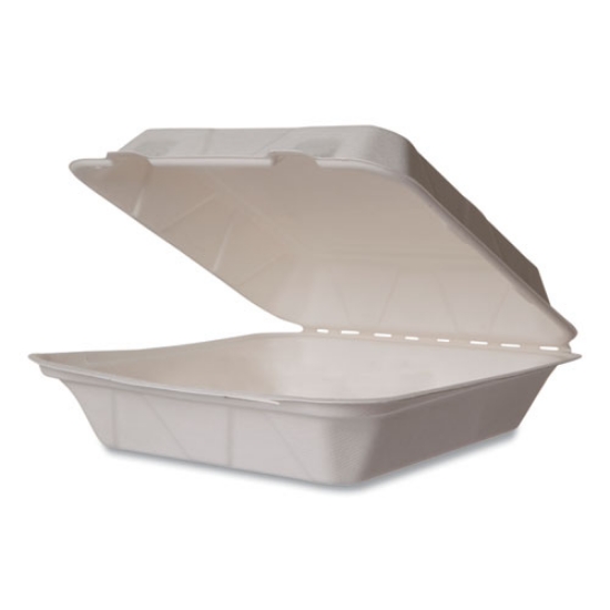 Picture of White Molded Fiber Clamshell Containers, 9 x 18 x 2, White, Sugarcane, 200/Carton