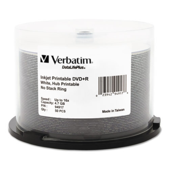 Picture of Dvd+r Recordable Disc, 4.7 Gb, 16x, Spindle, Hub Printable, White, 50/pack