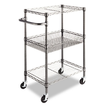 Picture of Three-Tier Wire Cart with Basket, Metal, 2 Shelves, 1 Bin, 500 lb Capacity, 28" x 16" x 39", Black Anthracite