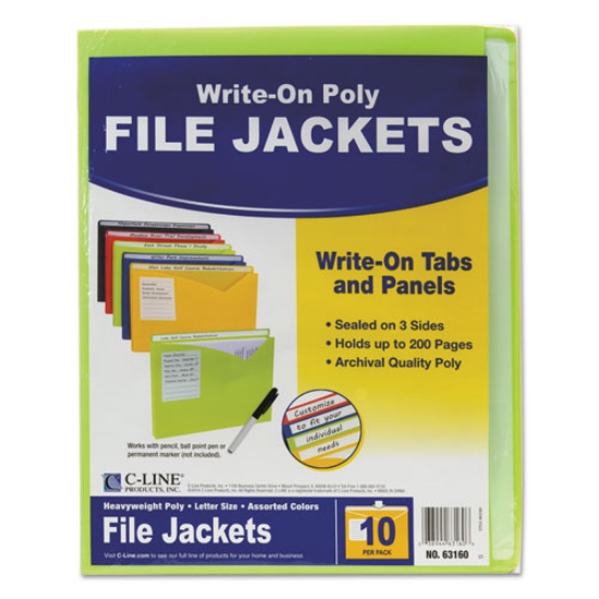 Picture of Write-On Poly File Jackets, Straight Tab, Letter Size, Assorted Colors, 10/pack