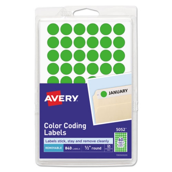 Picture of Handwrite Only Self-Adhesive Removable Round Color-Coding Labels, 0.5" dia, Neon Green, 60/Sheet, 14 Sheets/Pack, (5052)