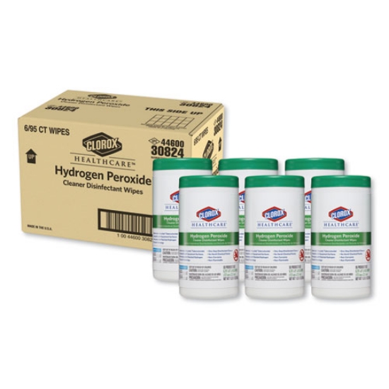 Picture of Hydrogen Peroxide Cleaner Disinfectant Wipes, 9 x 6.75, Unscented, White, 95/Canister, 6 Canisters/Carton