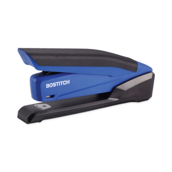 Picture of inpower spring-powered desktop stapler with antimicrobial protection, 20-sheet capacity, blue/black