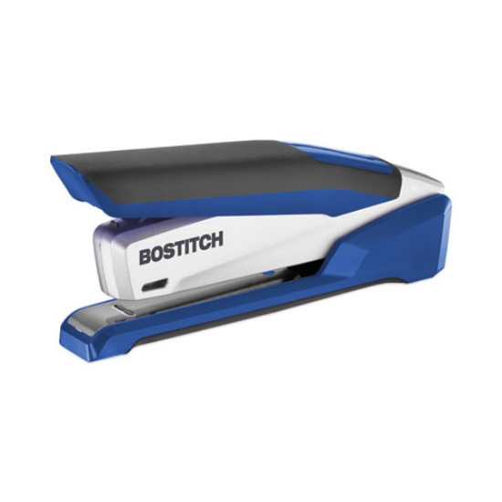 Picture of inpower spring-powered desktop stapler with antimicrobial protection, 28-sheet capacity, blue/silver