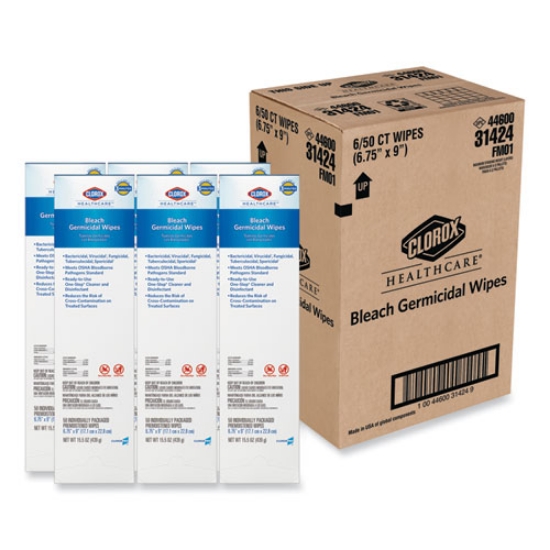 Picture of Bleach Germicidal Wipes, 1-Ply, 6.75 x 9, Unscented, White, 50/Box, 6 Boxes/Carton