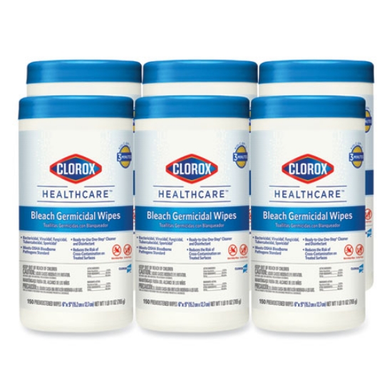 Picture of Bleach Germicidal Wipes, 1-Ply, 6 x 5, Unscented, White, 150/Canister, 6 Canisters/Carton