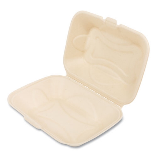 Picture of Bagasse PFAS-Free Food Containers, Hoagie/Hinged Lid, 1-Compartment, 6 x 3 x 9, Tan, Bamboo/Sugarcane, 250/Carton