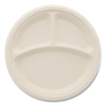 Picture of Bagasse PFAS-Free Dinnerware, Plate, 10" dia, 3-Compartment, Tan, 500/Carton