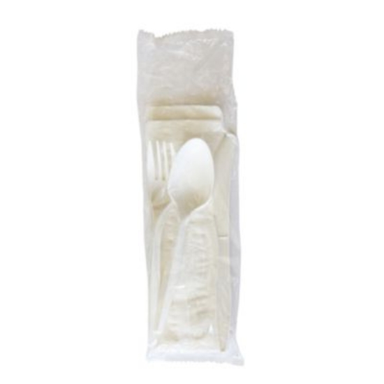 Picture of Four-Piece Cutlery Kit, Fork/Knife/Napkin/Teaspoon, Mediumweight, White, 250/Carton