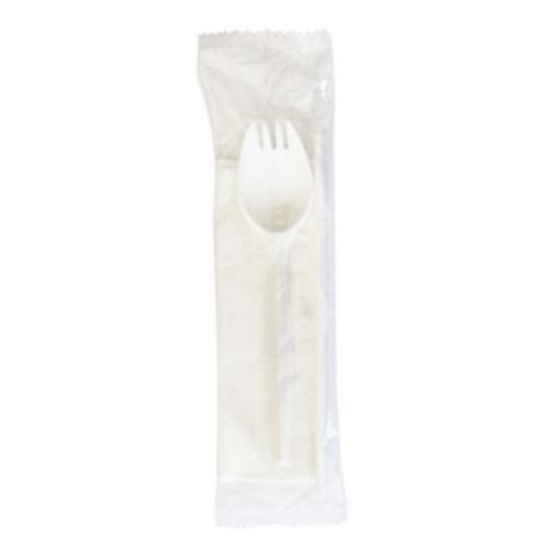 Picture of School Cutlery Kit, Napkin/Spork/Straw, White, 1,000/Carton