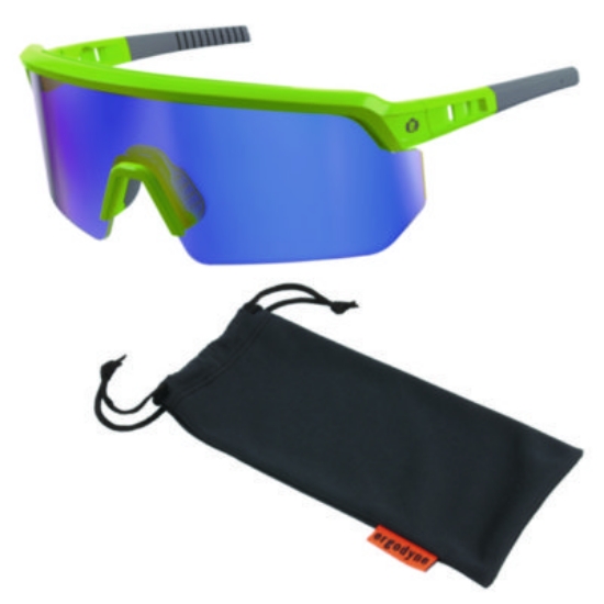 Picture of Skullerz AEGIR Anti-Scratch/Anti-Fog Safety Glasses, Lime Nylon Impact Frame, Blue Mirror Polycarb Lens,Ships in 1-3 Bus Days