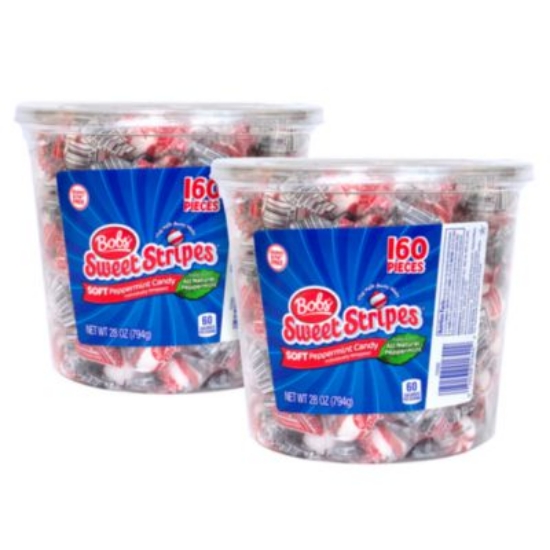 Picture of Bobs Sweet Stripes Soft Candy, Peppermint, 0.18 oz Individually Wrapped, 160/Tub, 2 Tubs/Carton, Ships in 1-3 Business Days