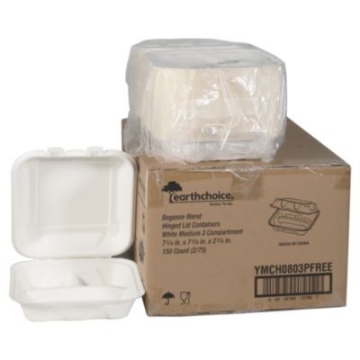 Picture of EarthChoice PFAS Free Compostable Hinged Lid Container, 3-Compartment, 8 x 8 x 3, Natural, Sugarcane, 150/Carton