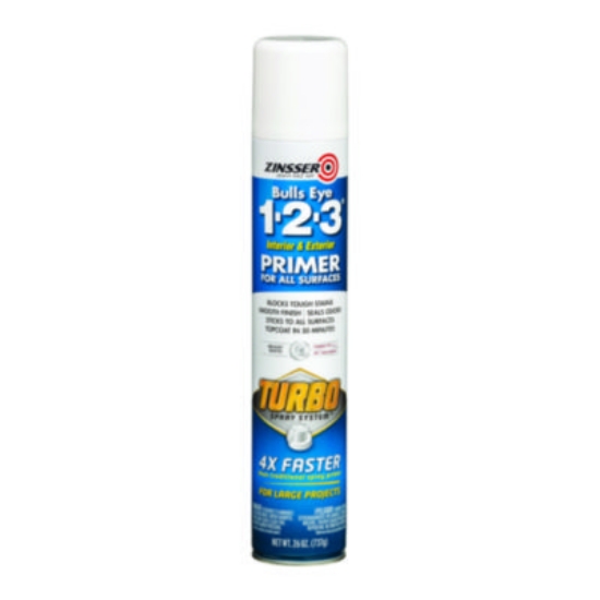 Picture of Bulls Eye 1-2-3 Primer Spray, Turbo Spray System, Interior/Exterior, Flat Bright White, 26 oz Aerosol Can, 6/Carton